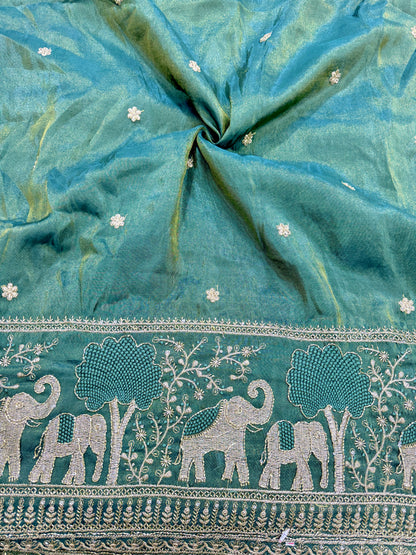 tissu with Golden Zari Elephant Border & Floral beats Weave 44-45 width teal green