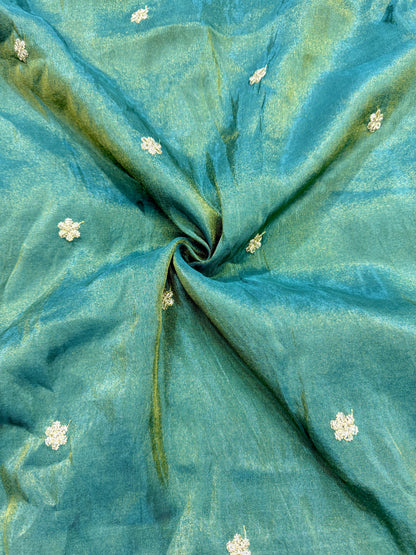 tissu with Golden Zari Elephant Border & Floral beats Weave 44-45 width teal green