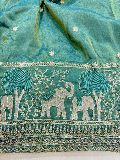 tissu with Golden Zari Elephant Border & Floral beats Weave 44-45 width teal green