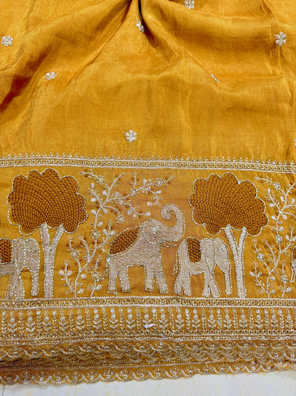 Viscouse tissu with Golden Zari Elephant Border & Floral beats Weave 44-45width