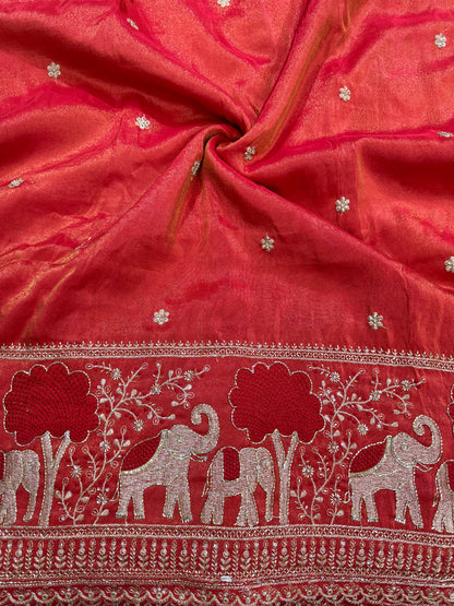 tissu with Golden Zari Elephant Border & Floral beats Weave 44-45width red