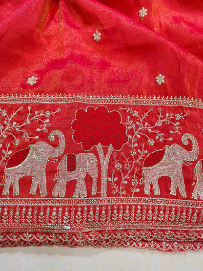 tissu with Golden Zari Elephant Border & Floral beats Weave 44-45width red
