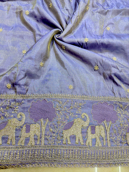 tissu with Golden Zari Elephant Border & Floral beats Weave 44-45 inch width lite levander