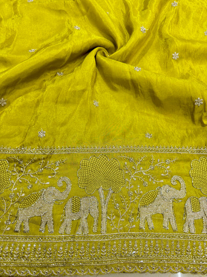 tissu with Golden Zari Elephant Border & Floral beats Weave 44- mustard yello