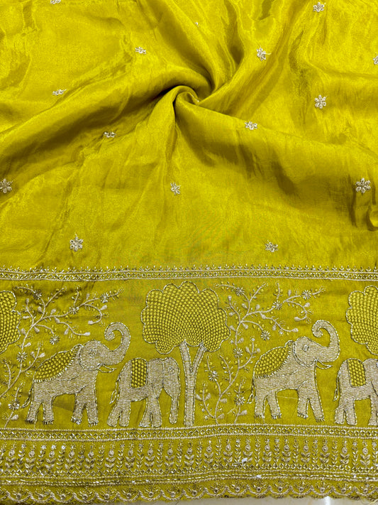 tissu with Golden Zari Elephant Border & Floral beats Weave 44- mustard yello