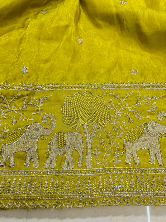 tissu with Golden Zari Elephant Border & Floral beats Weave 44- mustard yello