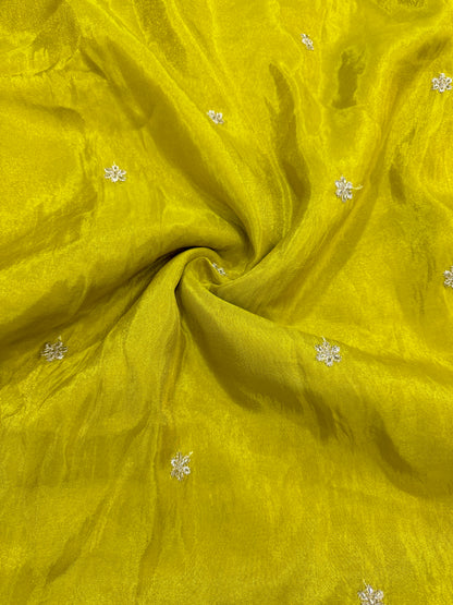tissu with Golden Zari Elephant Border & Floral beats Weave 44- mustard yello