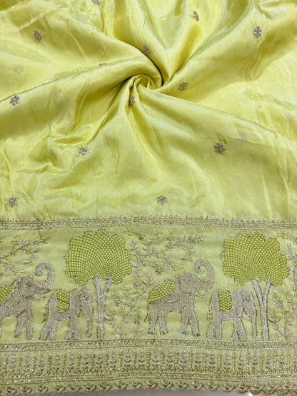 tissu with Golden Zari Elephant Border & Floral beats Weave 44-45width light yellow-green