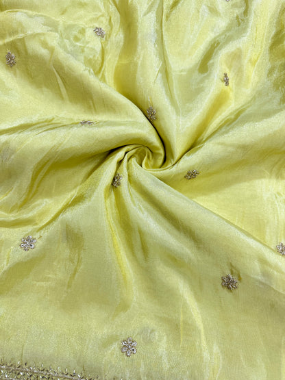 tissu with Golden Zari Elephant Border & Floral beats Weave 44-45width light yellow-green