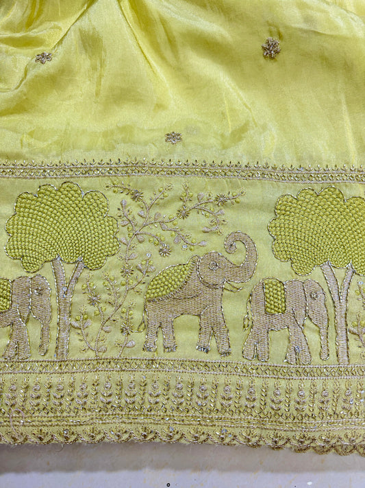 tissu with Golden Zari Elephant Border & Floral beats Weave 44-45width light yellow-green
