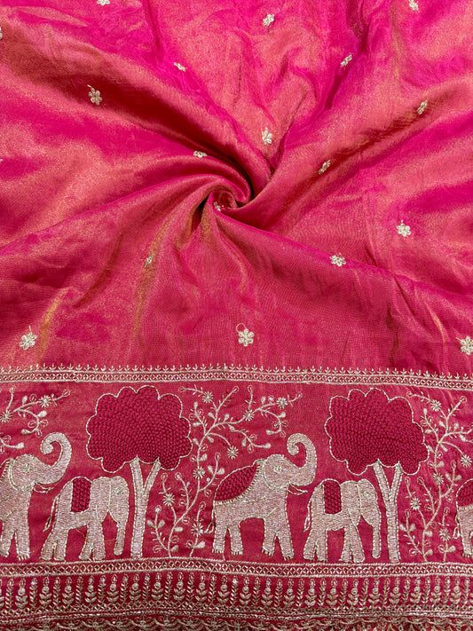 Viscouse tissu with Golden Zari Elephant Border & Floral beats Weave 44-45width rani pink
