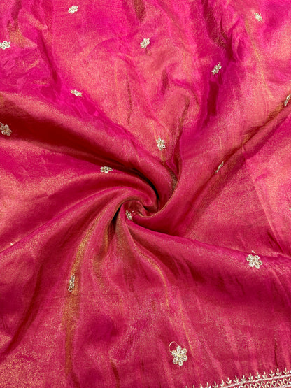 Viscouse tissu with Golden Zari Elephant Border & Floral beats Weave 44-45width rani pink