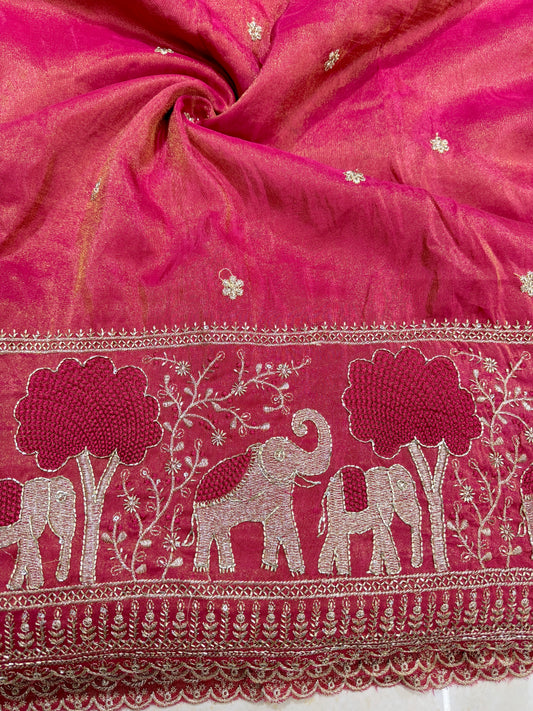 Viscouse tissu with Golden Zari Elephant Border & Floral beats Weave 44-45width rani pink