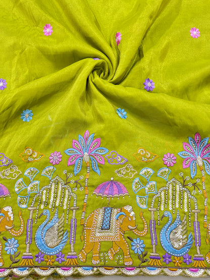 PURE TISSUE MULTI EMBRODERY DAAAMAN STYLE 44-45width MEHANDI GREEN