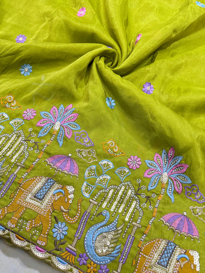PURE TISSUE MULTI EMBRODERY DAAAMAN STYLE 44-45width MEHANDI GREEN