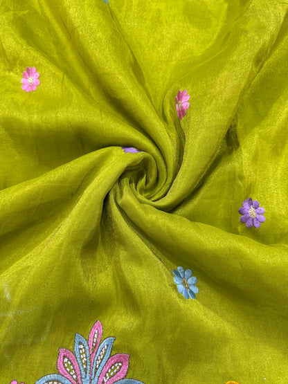 PURE TISSUE MULTI EMBRODERY DAAAMAN STYLE 44-45width MEHANDI GREEN