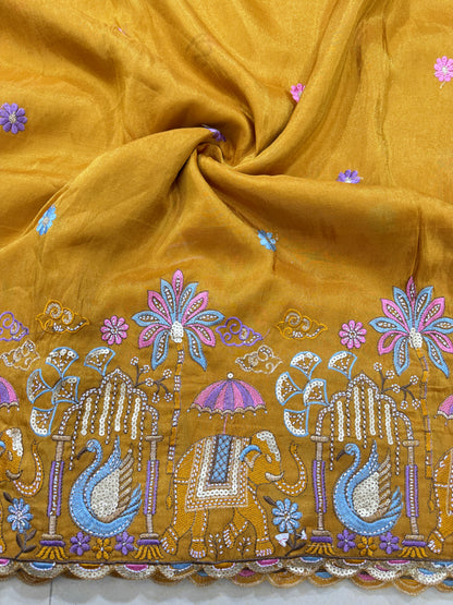 PURE TISSUE MULTI EMBRODERY DAAAMAN STYLE 44-45width MUSTARD YELLOW