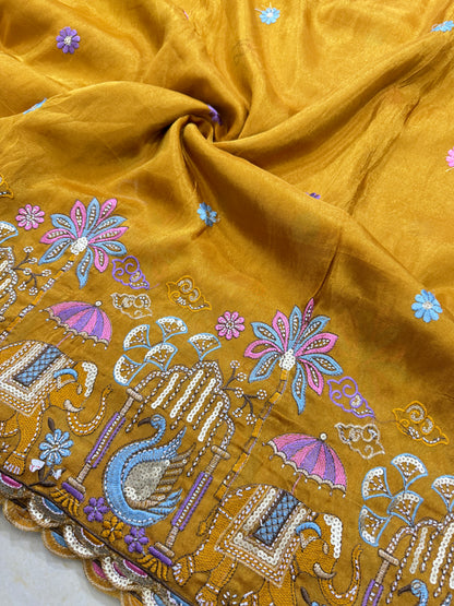 PURE TISSUE MULTI EMBRODERY DAAAMAN STYLE 44-45width MUSTARD YELLOW