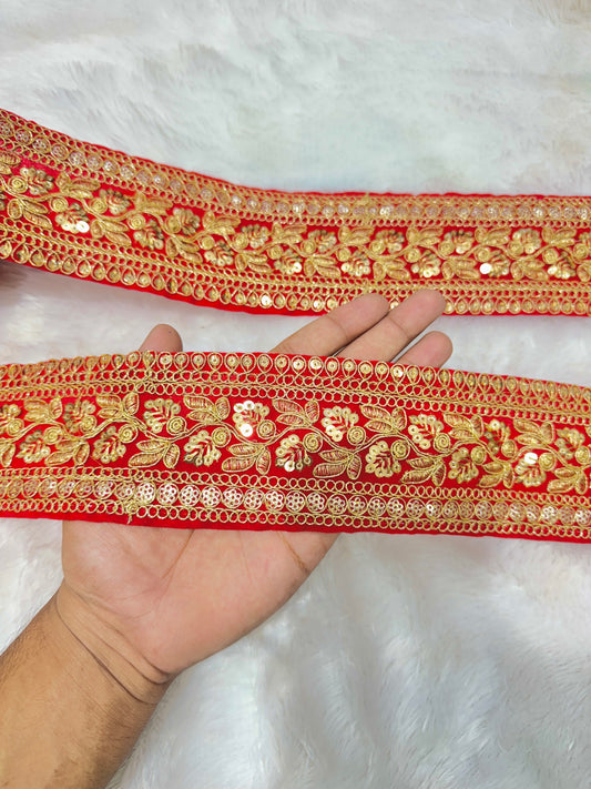 Premium velvet 3 inch gold Zari with sequins Embroidered  border for sarees lehengas & Duppata’s  Border 9 meter RED