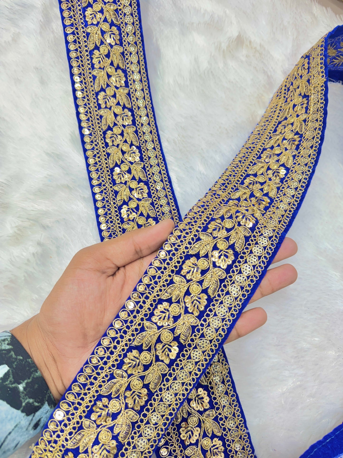 Premium velvet 3 inch gold Zari with sequins Embroidered  border for sarees lehengas & Duppata’s  Border 9 meter blue