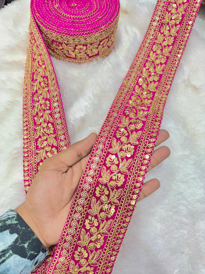 Premium velvet 3 inch gold Zari with sequins Embroidered  border for sarees lehengas & Duppata’s  Border (PACK OF  9 meter)  GREEN SEQUINCES