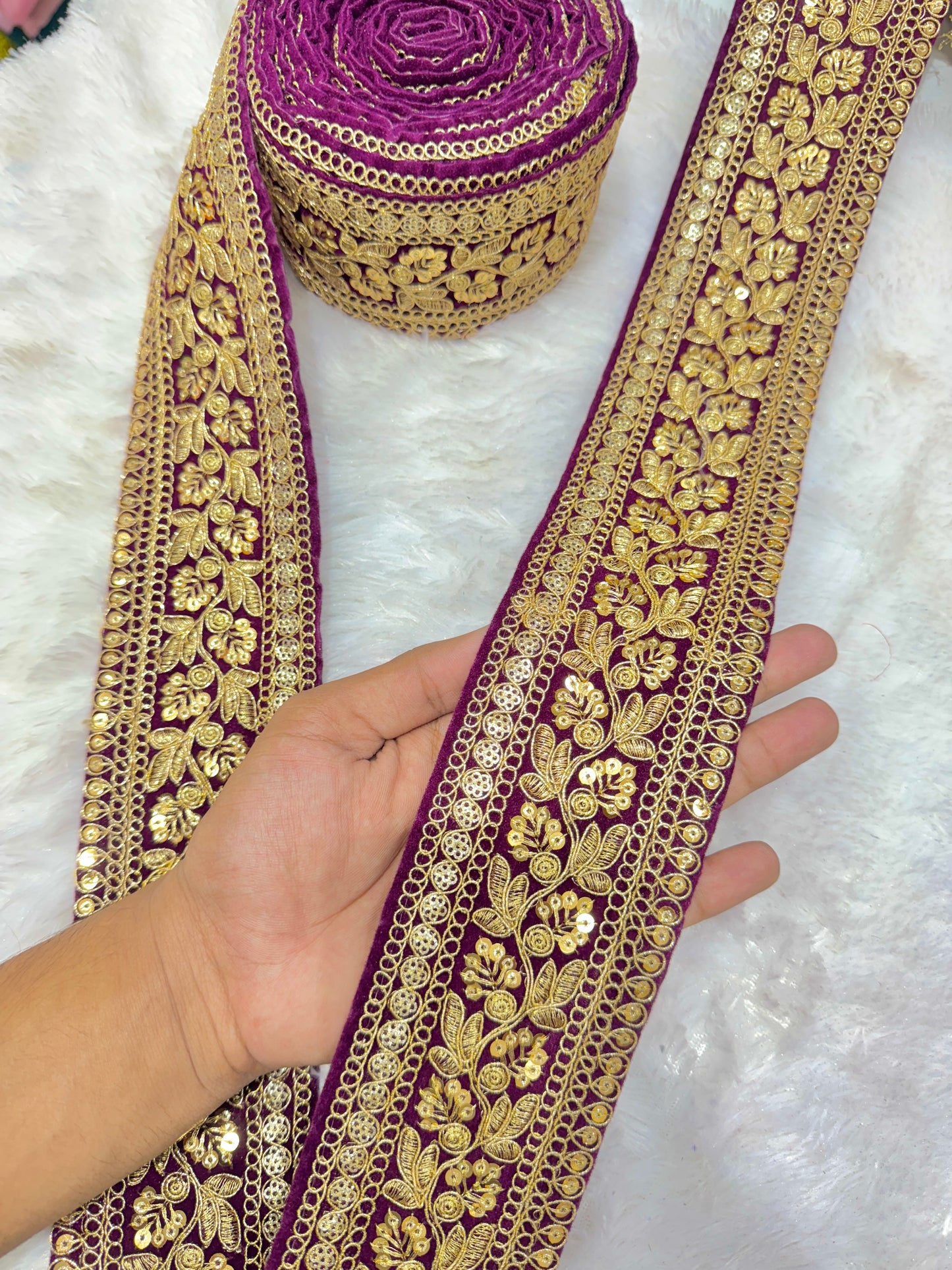 Premium velvet 3 inch gold Zari with sequins Embroidered  border for sarees lehengas & Duppata’s  Border (PACK OF  9 meter)  GREEN SEQUINCES