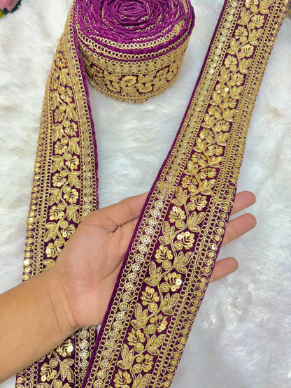 Premium velvet 3 inch gold Zari with sequins Embroidered  border for sarees lehengas & Duppata’s  Border (PACK OF  9 meter)  GREEN SEQUINCES