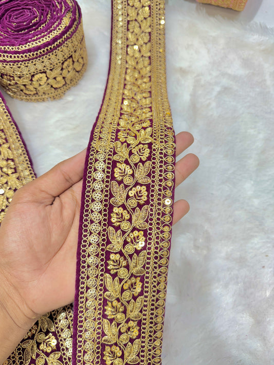 Premium velvet 3 inch gold Zari with sequins Embroidered  border for sarees lehengas & Duppata’s  Border 9 meter WINE