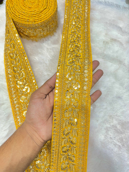 Premium velvet 3 inch gold Zari with sequins Embroidered  border for sarees lehengas & Duppata’s  Border (PACK OF  9 meter)  GREEN SEQUINCES