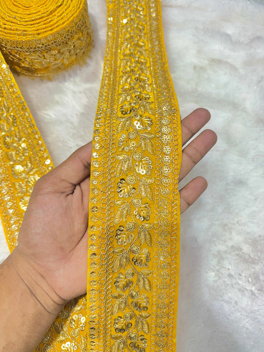 Premium velvet 3 inch gold Zari with sequins Embroidered  border for sarees lehengas & Duppata’s  Border 9 meterYELLOW