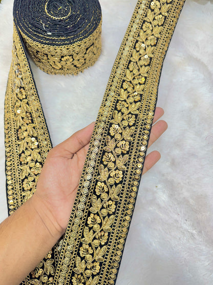 Premium velvet 3 inch gold Zari with sequins Embroidered  border for sarees lehengas & Duppata’s  Border (PACK OF  9 meter)  GREEN SEQUINCES