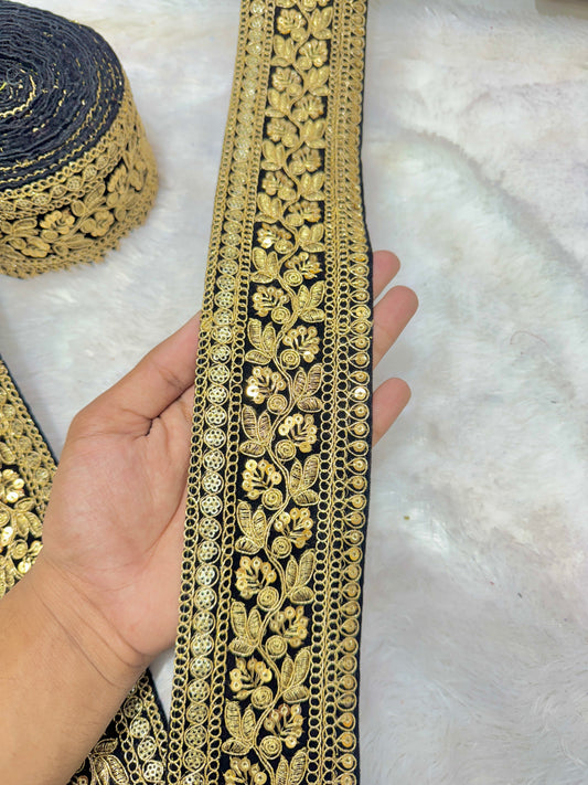 Premium velvet 3 inch gold Zari with sequins Embroidered  border for sarees lehengas & Duppata’s  Border 9 meter BLACK