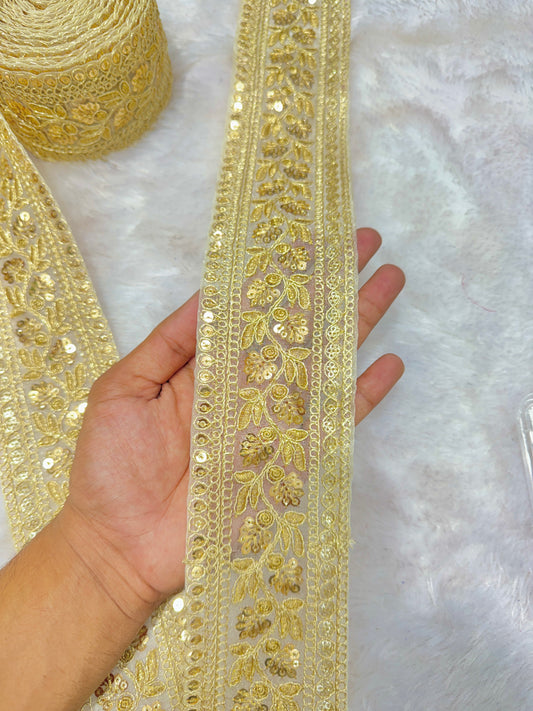 ✨ Golden Floral Embroidered base organza woth golden zari work 3inch   Lace – 9 Meters ✨