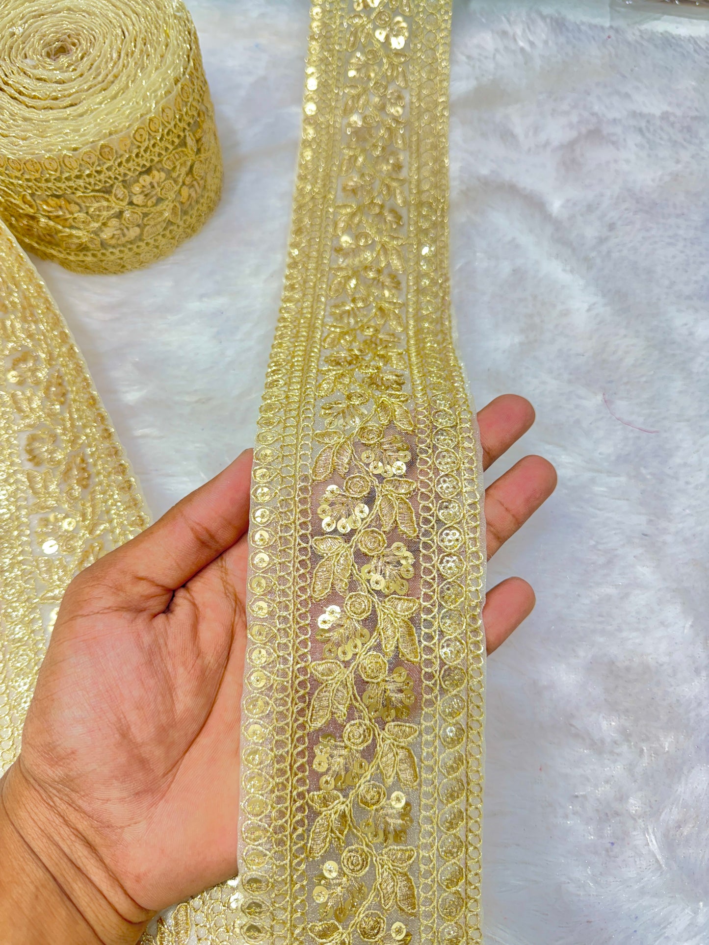 Premium velvet 3 inch gold Zari with sequins Embroidered  border for sarees lehengas & Duppata’s  Border (PACK OF  9 meter)  GREEN SEQUINCES