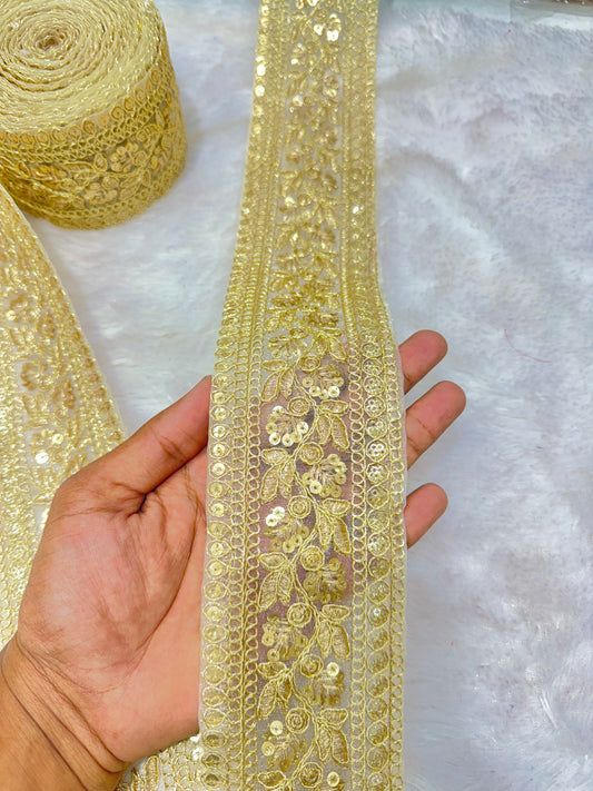✨ Golden Floral Embroidered base organza woth golden zari work 3inch   Lace – 9 Meters ✨