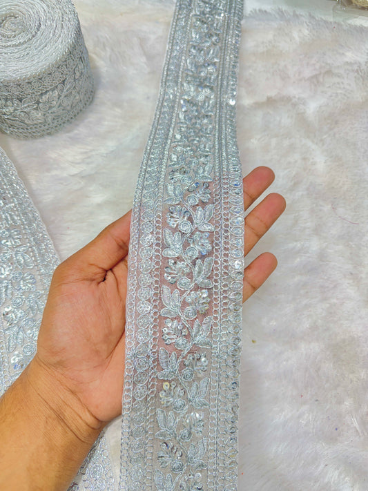 Premium velvet 3 inch gold Zari with sequins Embroidered  border for sarees lehengas & Duppata’s  Border 9 meter SILVER