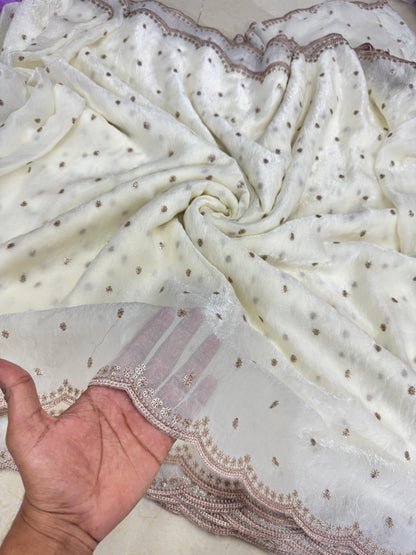 🥻👗Space silk fabrics with 2 side border 44-45 width HALF WHITE