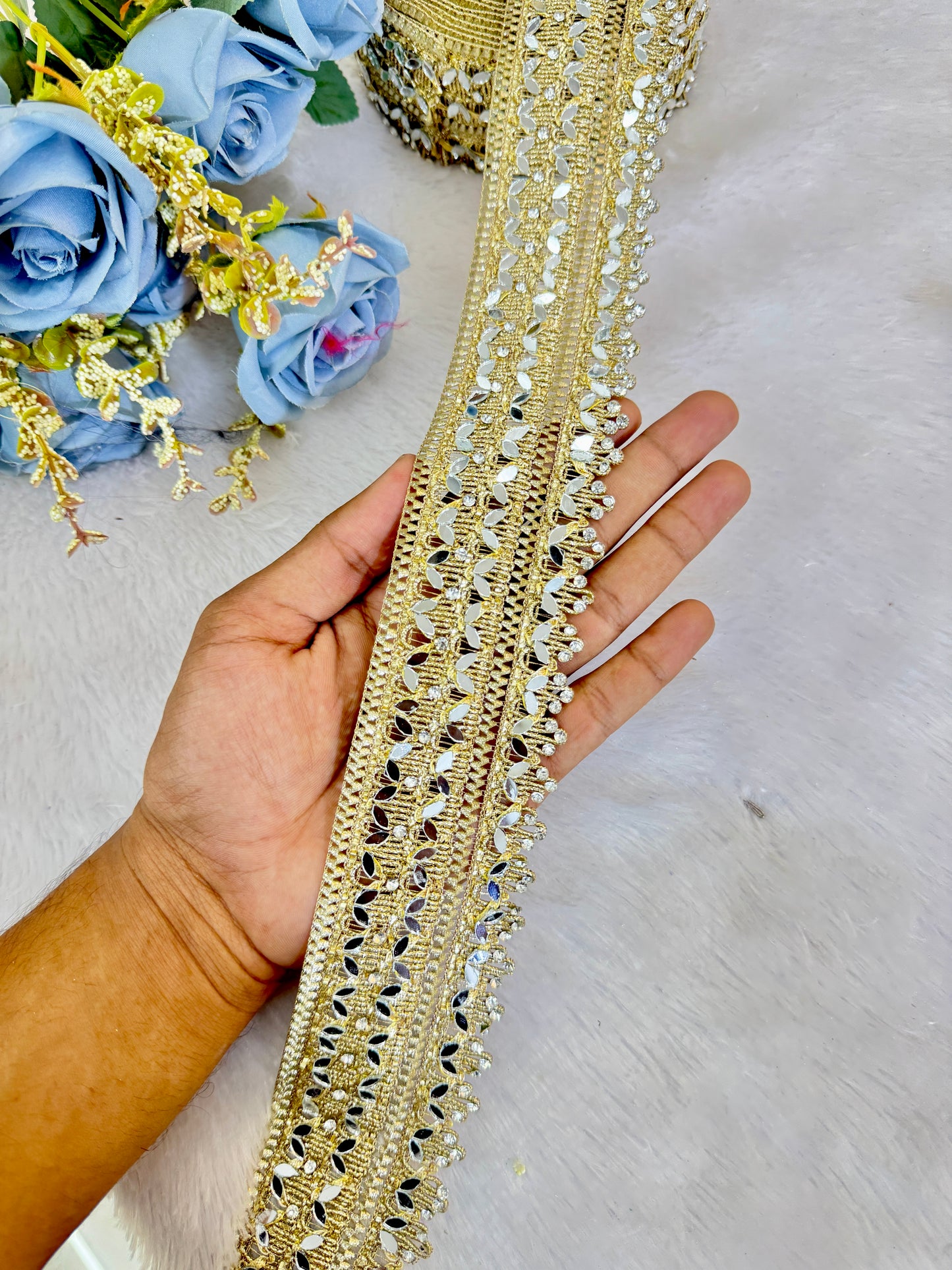Golden Mirror Work Lace border premium quality (pack of 9 meter )