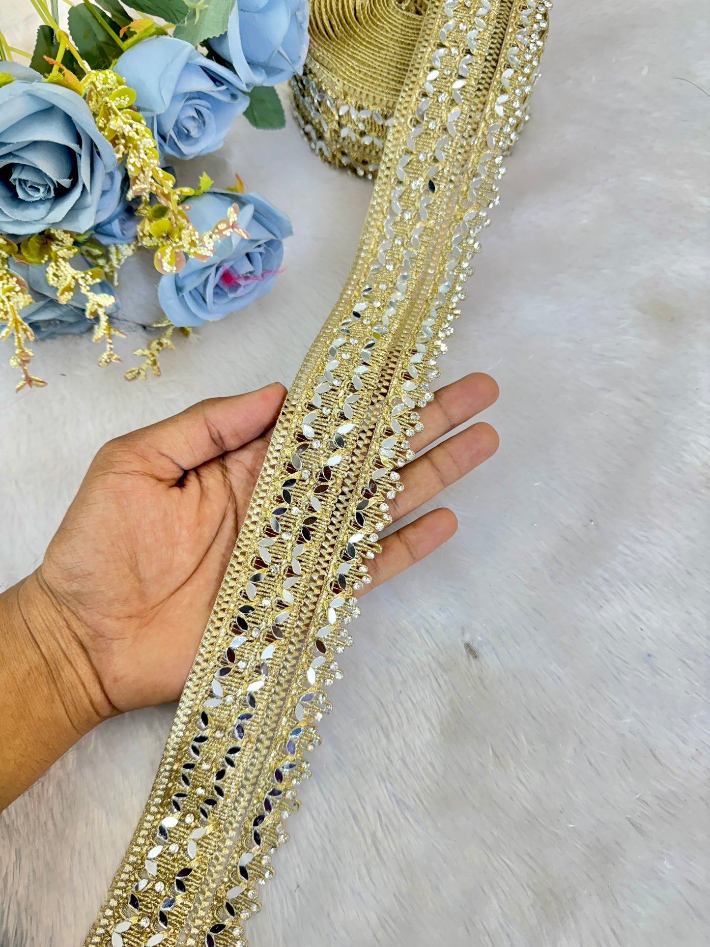 Golden Mirror Work Lace border premium quality (pack of 9 meter )