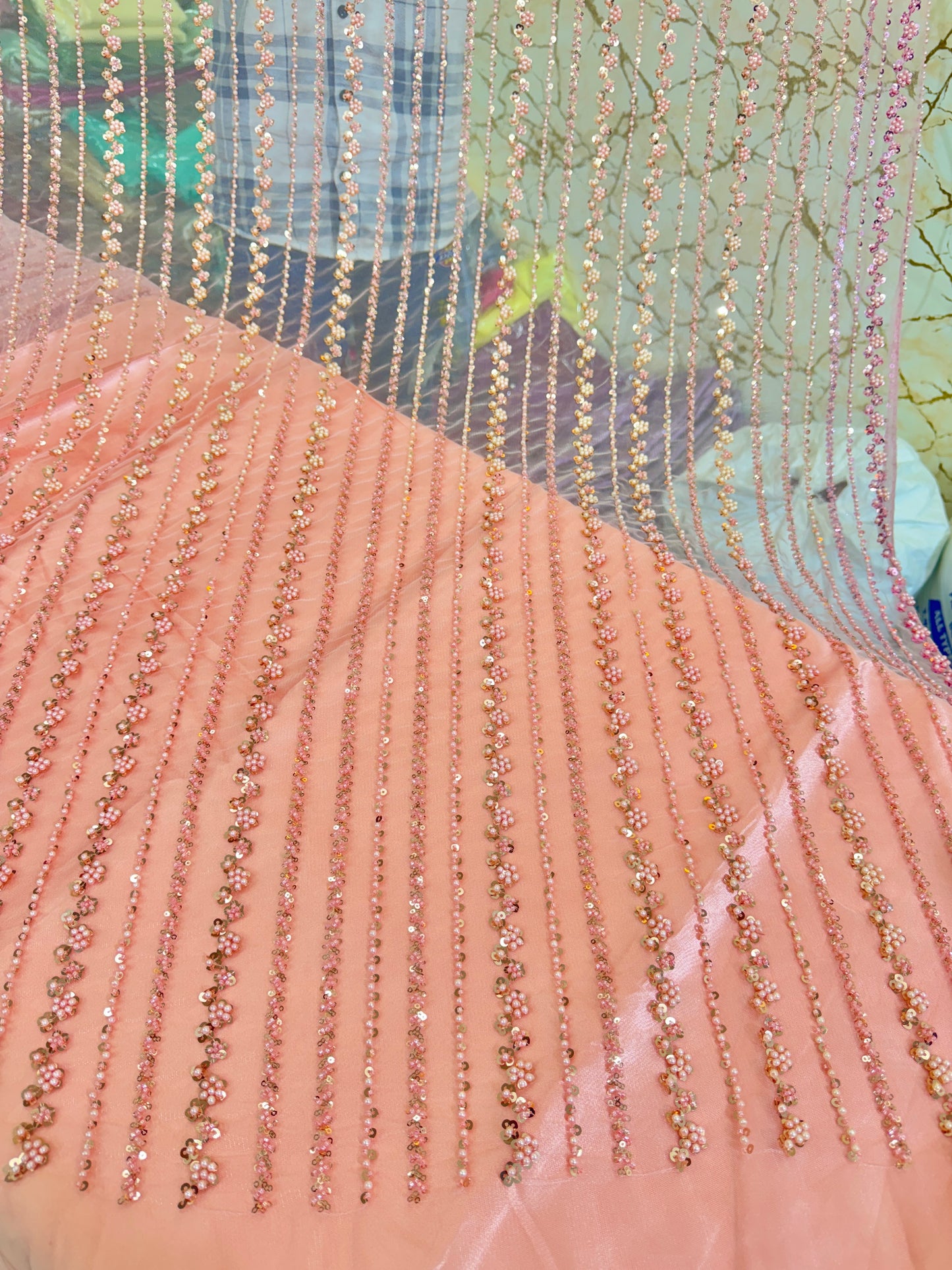 NET IMPORTED HANDWORK NET EMBROIDERY FABRIC 54 INCH WIDTH PEACH