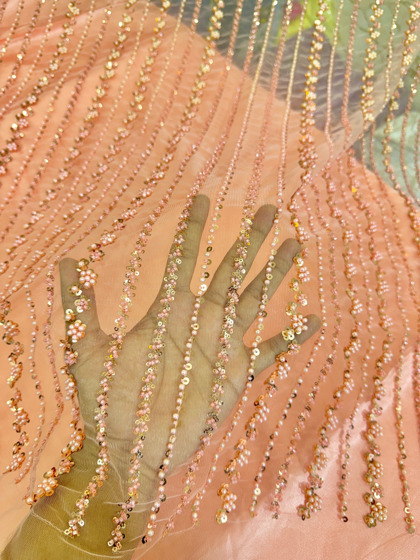 NET IMPORTED HANDWORK NET EMBROIDERY FABRIC 54 INCH WIDTH PEACH