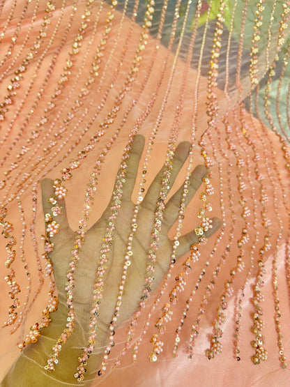 NET IMPORTED HANDWORK NET EMBROIDERY FABRIC 54 INCH WIDTH PEACH