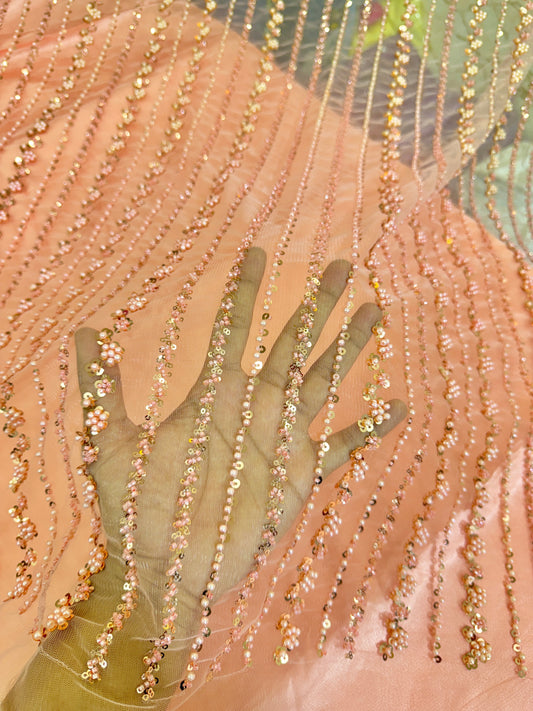 NET IMPORTED HANDWORK NET EMBROIDERY FABRIC 54 INCH WIDTH PEACH