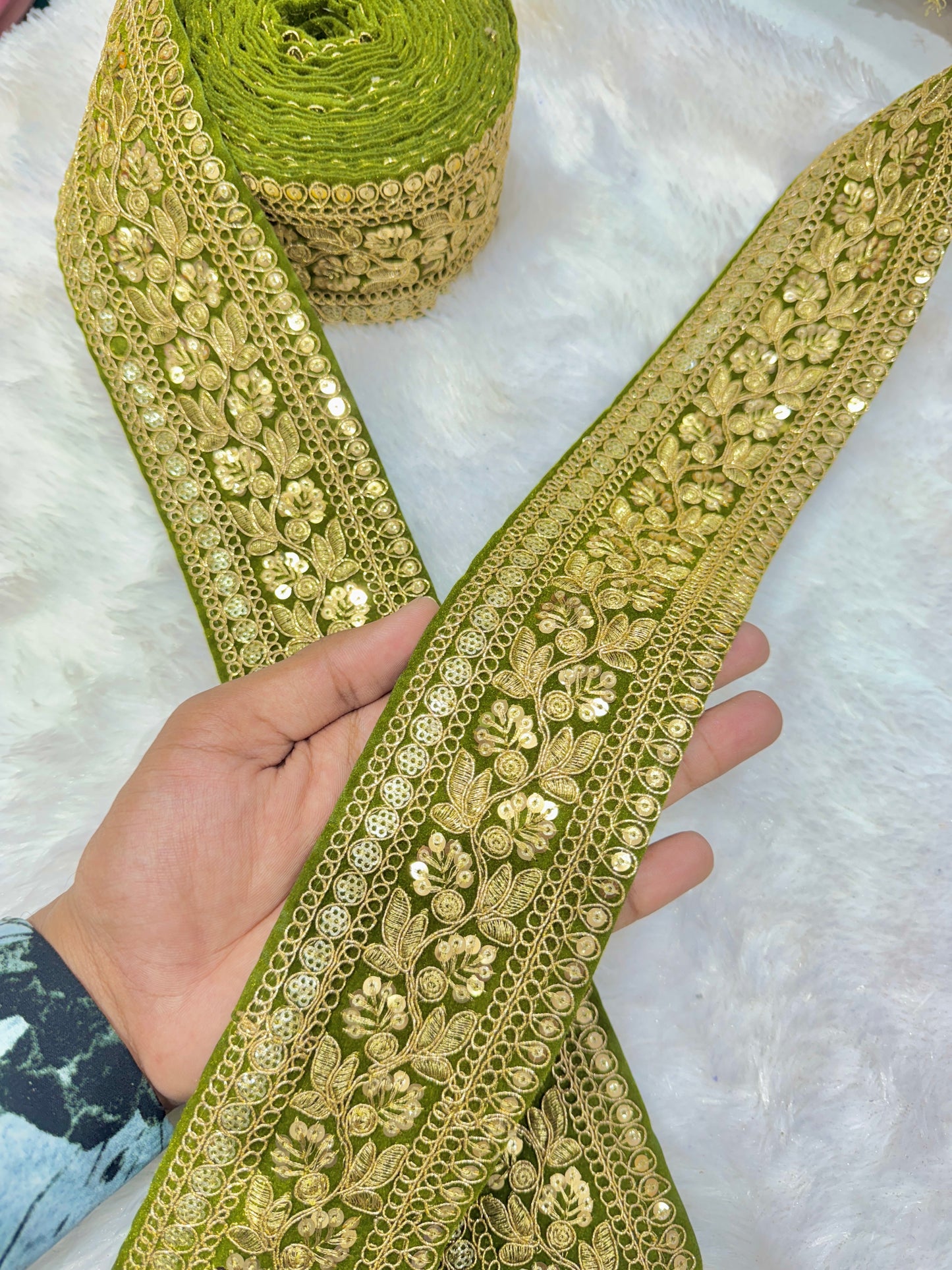 Premium velvet 3 inch gold Zari with sequins Embroidered border