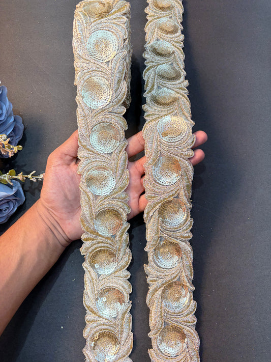 ✨💫Exclusive 3 inch gold Zari with sequins Embroidered  ( PACK OF 9 meter) llite gold colour