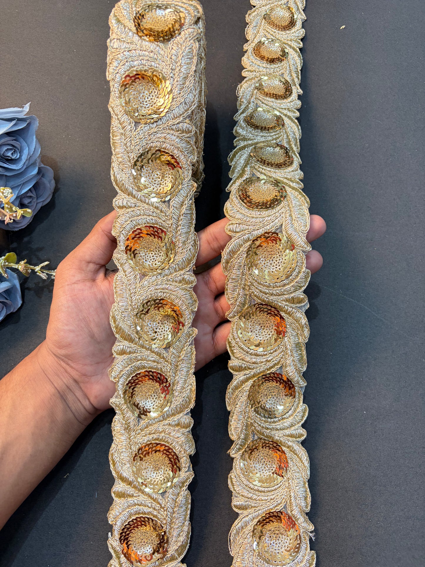 ✨💫Exclusive 3 inch gold Zari with sequins Embroidered  ( PACK OF 9 meter)dark gold colour