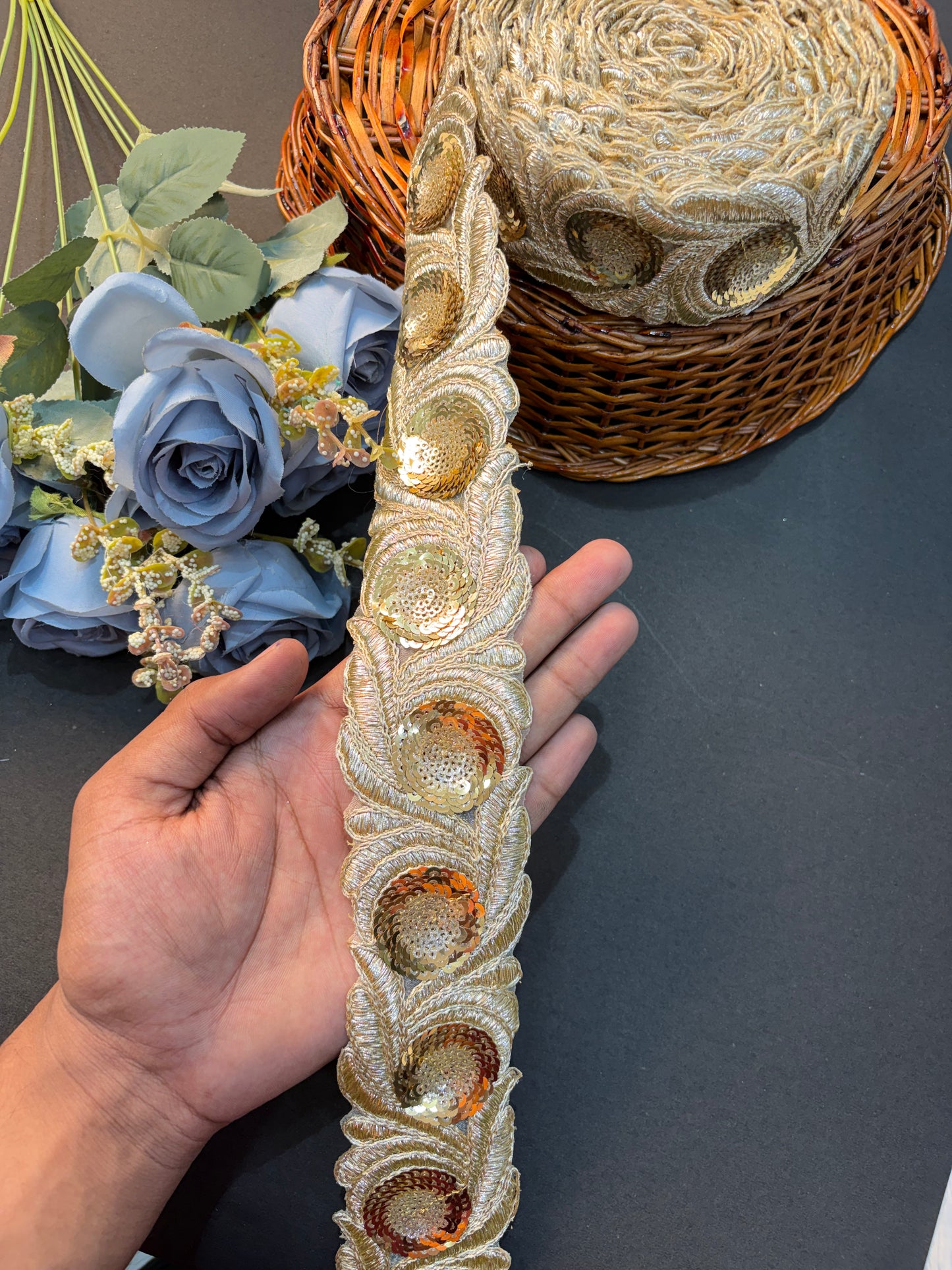 ✨💫Exclusive 3 inch gold Zari with sequins Embroidered  ( PACK OF 9 meter)dark gold colour