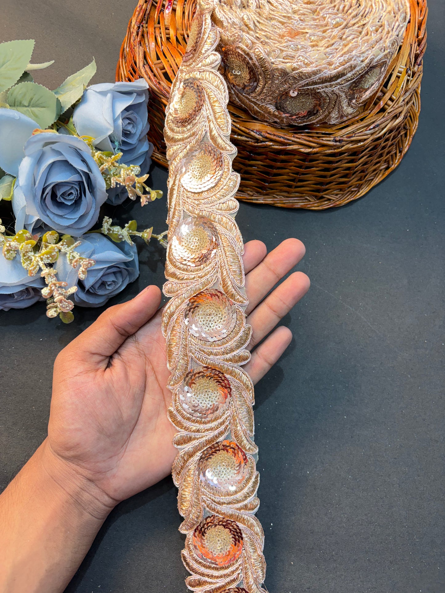 ✨💫Exclusive 3 inch gold Zari with sequins Embroidered  ( PACK OF 9 meter)rose gold colour