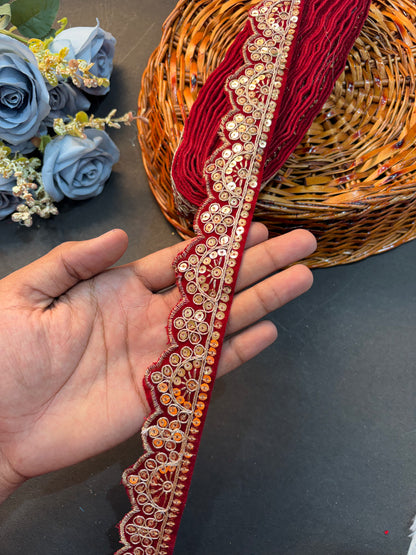 Velvet Lace Border with Golden Zari & Sequin Work | Designer Saree, Dupatta, Lehenga, Blouse Border Trim for Craft & Decoration( pack of 9 meter )