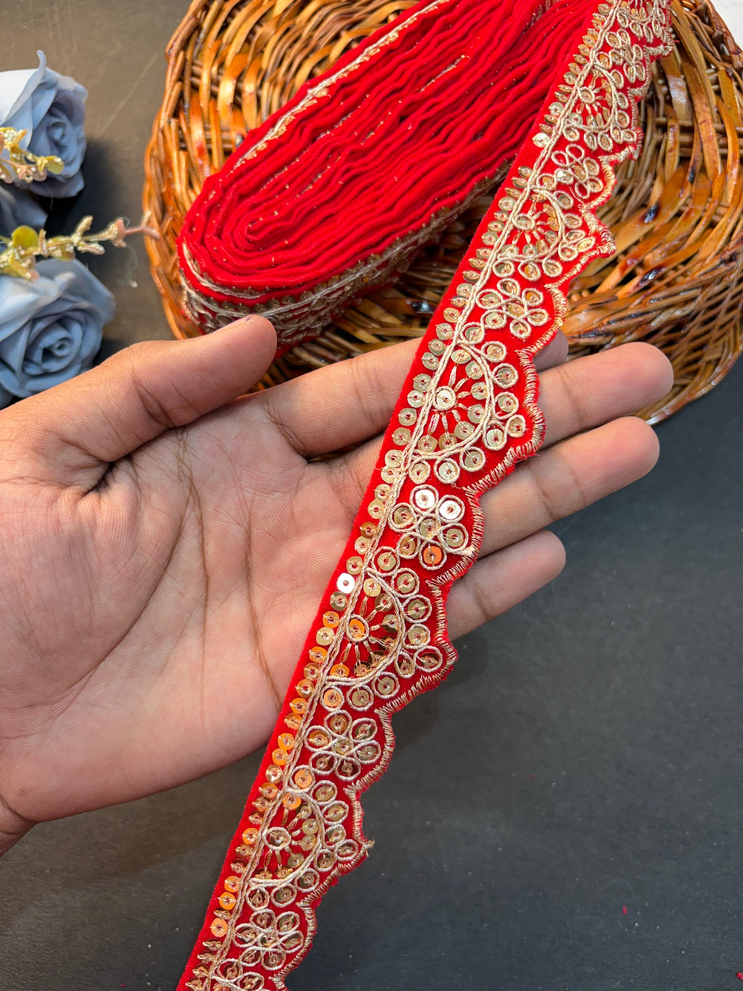 Velvet Lace Border with Golden Zari & Sequin Work | Designer Saree, Dupatta, Lehenga, Blouse Border Trim for Craft & Decoration( pack of 9 meter )